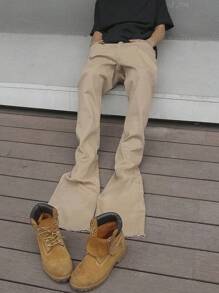 Manfinity Roghcode 男士純色斜口口袋牛仔褲，寬鬆長件洗水深色牛仔褲，帶有卡其色貨物口袋，適於派對、休閒和與朋友聚會 - 卡其色 - 查看 4