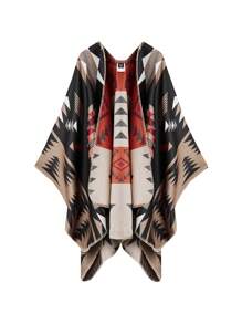 Plus Size Long Sleeve Open Front Fashionable Loose All-Over Print Casual Jacket - Multicolor - View 1