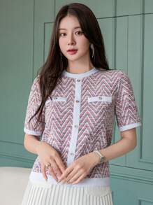 DAZY Camiseta de cuello redondo elegante de oficina con estampado de espiga, adecuada para el Día de San Valentín y el verano