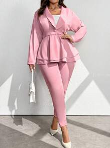 Celure 2 件大码女士翻领腰部收褶双层 A 字形长袖优雅女士套装 - 淺粉色 - 查看 4