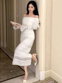 DAZY 女士纯色露肩褶皱修身连衣裙，优雅女士礼服，舞会礼服 - 白色 - 查看 6