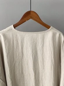 Plus Size Women's Linen Blend Tie Front Top, Loose Vintage Top - Beige - View 4