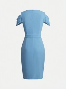 Chiquease Đầm Bodycon lệch vai màu trơn thanh lịch dành cho nữ, mùa hè - Màu xanh nhạt - Xem 2