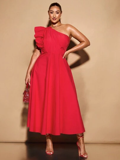SHEIN BAE Plus Size Asymmetrical One-Shoulder Ruffled Pleated Waist-Cinching Long Dress With Wide Hem Is Suitable For Daily Dates And Vacations