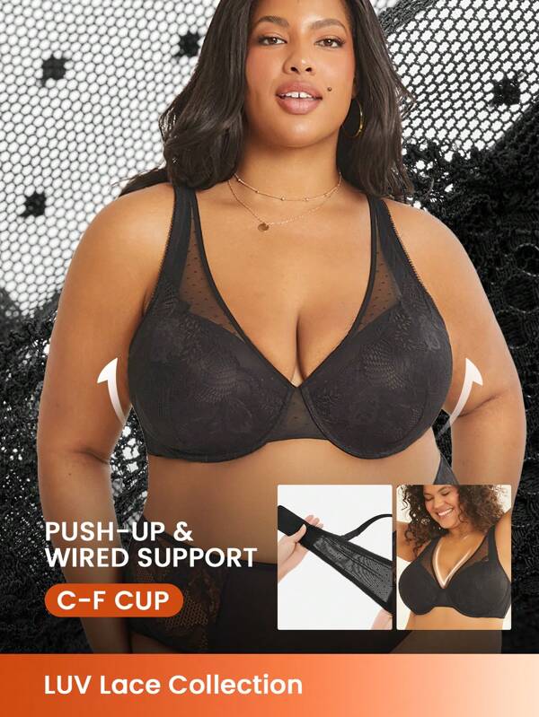 LUVLETTE Plus Black Sexy Lingerie Lounge Curve Full Coverage Lace & Mesh Plunge Push-Up Bra