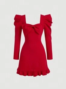 SHEIN MOD Women Red Autumn Elegant Party Dress,Gigot Sleeve Bow Tie Neck Fall/Winter Homecoming,Fall Wedding Guest,Vintage 90s Cottage Core,Semi Formal Dresses - Red - View 1