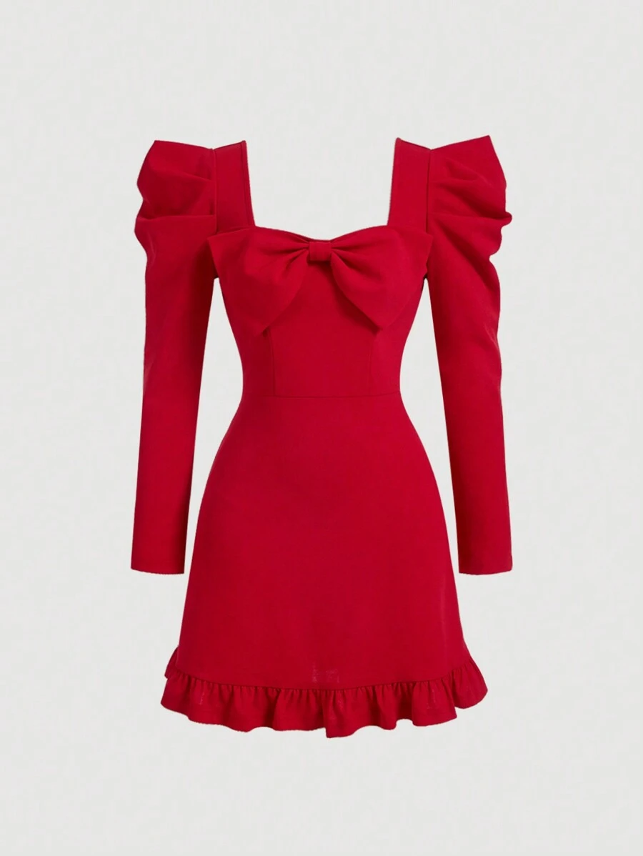 SHEIN MOD Women Red Autumn Elegant Party Dress,Gigot Sleeve Bow Tie Neck Fall/Winter Homecoming,Fall Wedding Guest,Vintage 90s Cottage Core,Semi Formal Dresses - Red - View 1