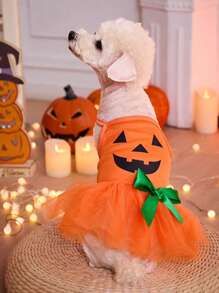 PETSIN 1pc Halloween Orange Pumpkin & Funny Face Print Cute Mesh Tulle Dress For Cats/Dogs - Multicolor - View 1
