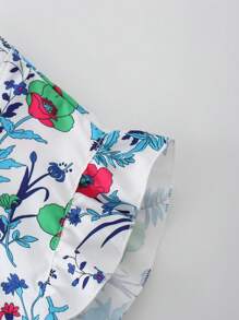 SHEIN LUNE Plus Size V-Neck Ruffle Sleeve Allover Print Drawstring Design Blouse - Blue - View 5
