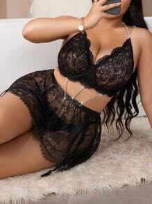 2 chiếc Plus Size Nữ Ren Và Dây Xích Bộ Đồ Lót Gợi Cảm - màu đen - Xem 4