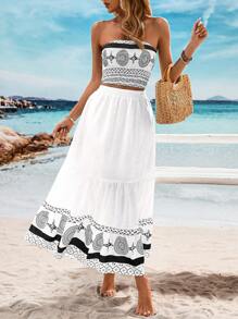 Breezaya 2pcs Women Vintage Style Bandeau Top And Skirt Set (Random Print)