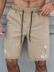 Manfinity Homme 男士抽绳腰休闲破洞设计时尚牛仔短裤、牛仔短裤