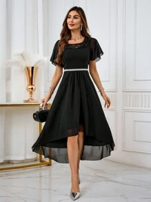 SHEIN Belle Vestido formal de unicolor con encaje de contraste de bajo a alto, vestido de cóctel elegante para fiesta de graduación, boda o invitada