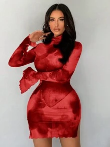 SHEIN SXY Robe de soirée à manches longues pour femmes avec imprimé dégradé noir et vert, maille transparente - Rouge - Voir 5