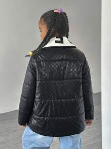 Tween Girls  Casual Stand Collar Cropped Jacket - Black - View 2