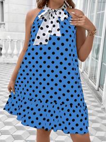 SHEIN Unity Damen Kleid in Große Größen mit Polka Punkt Muster, Rüschensaum und ärmellos mit Bindeband am Kragen - Königsblau - Übersicht 6