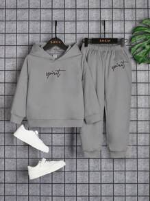SHEIN 2 件套年轻男孩休闲舒适连帽长袖运动衫和宽松印花运动裤套装，秋冬 - 灰色 - 查看 1