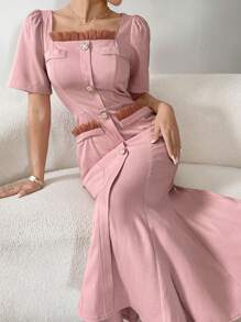 Modelyn Women's Square Neck Ruffle Trim Button Down Fitted Elegant Dress - Pink - View 8