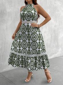 SHEIN Clasi Plus Size Women Boho Plant Print Ruffle Hem Halter Dress For Vacation, For Summer - Green - View 5