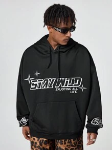 Manfinity VCAY Men's Loose Fit English Letter Print Hoodie Sweatshirt , Black, For Fall Winter - Black - View 1