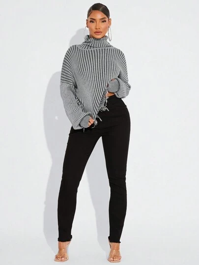 SHEIN SXY Women's Solid Turtleneck Distressed Long Sleeve Knit Sweater Going Out Tops In Fall/Winter