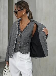 Aveloria Modichic 2pcs/Set Women's Autumn Classic V-Neck Tweed Vest And Button Front Long Sleeve Jacket - Multicolor - View 3