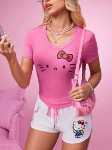 HELLO KITTY AND FRIENDS | SHEIN 2 st. Y2K-set med rosa, avslappnat tecknat tryck, ribbstickad, smal passform, t-shirt och sportshorts med dragsko i midjan, rosa grafiska höstkläder för kvinnor, söta toppar, gymset för kvinnor, rosa tvådelade set - Rosa - Visa 3