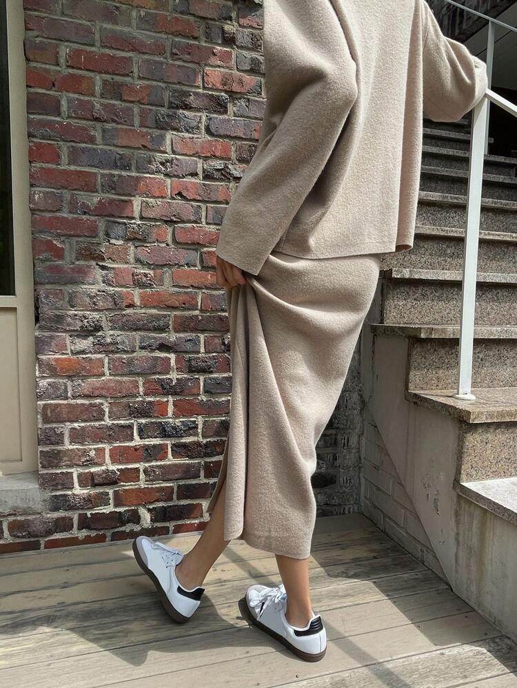 2pcs Women Solid Color Asymmetric Slit Sweater Skirt Set,Fall Clothes