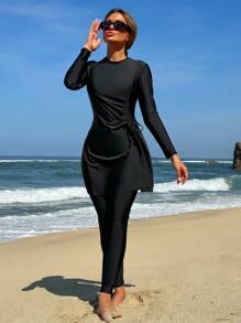 Swim Mulvari 2pcs Set Women High Neck Drawstring Long Sleeve Top And Pants Beach Resort Burkini Outfit SummerArabic Clothing - Black - View 4