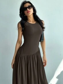 Firerie Women Solid Color Round Neck Ruched Waist Sleeveless Summer Dress,Summer Dresses For Women - Coffee Brown - View 6