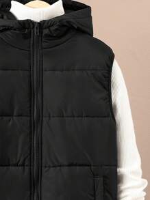 SHEIN Tween Boys' Hooded Quilted Thick Warm Woven Vest,In Fall/Winter - Black - View 6