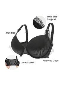 LUVLETTE Lencería negra sexy talla grande con sujetador de encaje y malla con cobertura completa y push-up