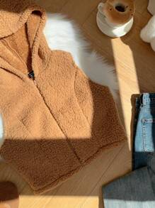 Comfortcana 驼绒大码女款拉链休闲连帽背心夹克羊毛背心棕色泰迪熊背心泰迪熊连帽衫背心女款秋冬背心