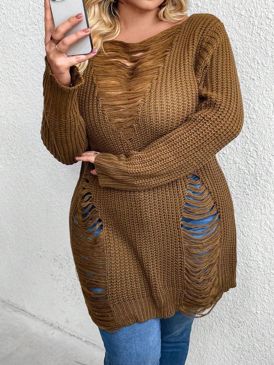 SHEIN CURVE+ 大码拼布设计长袖破洞休闲宽松套头毛衣，适合冬季