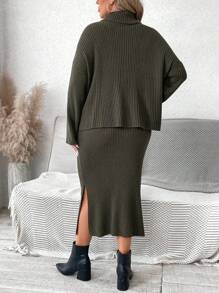 SHEIN LUNE Bộ áo len cổ lọ cỡ lớn kèm chân váy midi - Áo len cổ cao kết hợp với chân váy midi xẻ tà. Tiệc tùng, lễ hội âm nhạc, đồ mặc nhà, sự kiện trở lại trường, tặng quà và mua sắm. Bộ đồ mùa thu cho nữ, áo len cổ lọ, bộ vest nữ, váy mùa đông cho nữ, bộ đồ hai mảnh gợi cảm, váy thanh lịch cho nữ, quần áo mùa thu cong, trang phục mùa thu hai mảnh, - xanh quân đội - Xem 2