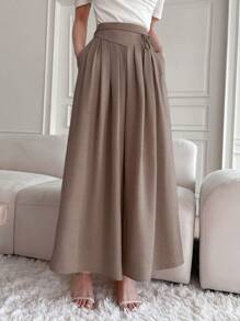 DAZY 女士系带高腰喇叭腿休闲优雅长裤，教师裤 - 卡其色 - 查看 5