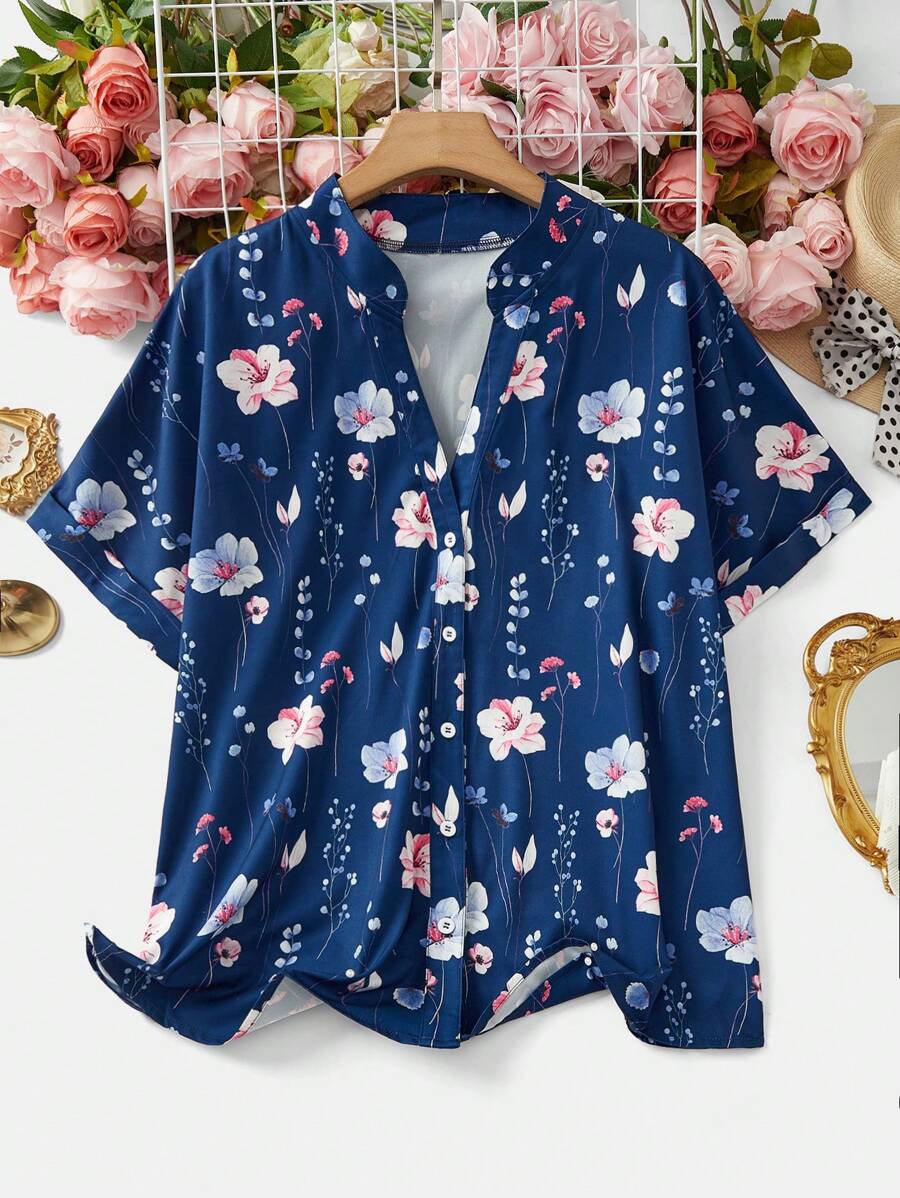 SHEIN LUNE Blouse à manches courtes avec imprimé floral pour femmes grande taille, hauts pour femmes en automne
