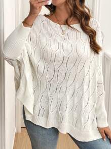 SHEIN LUNE Suéter holgado de cuello ancho en blanco con textura, informal para mujer de talla grande, atuendos de vacaciones, blusas de estilo campestre - Blanco - Ver 5