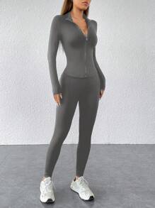 SHEIN PETITE 黑色两件套运动服拉链夹克和紧身裤 - 灰色 - 查看 6