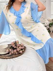 Camisón de talla grande con estampado floral y ribete con volantes - Azul - Ver 5