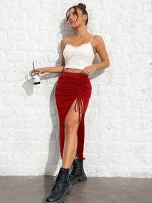 Muchica 女士红色针织紧身半身裙 - 玫瑰紅 - 查看 5