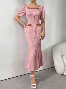 Modelyn Women's Square Neck Ruffle Trim Button Down Fitted Elegant Dress - Pink - View 6