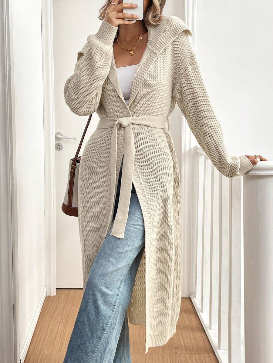 Chiquease 女士纯色简约休闲连帽开衫、长袖上衣 - 杏色 - 查看 1