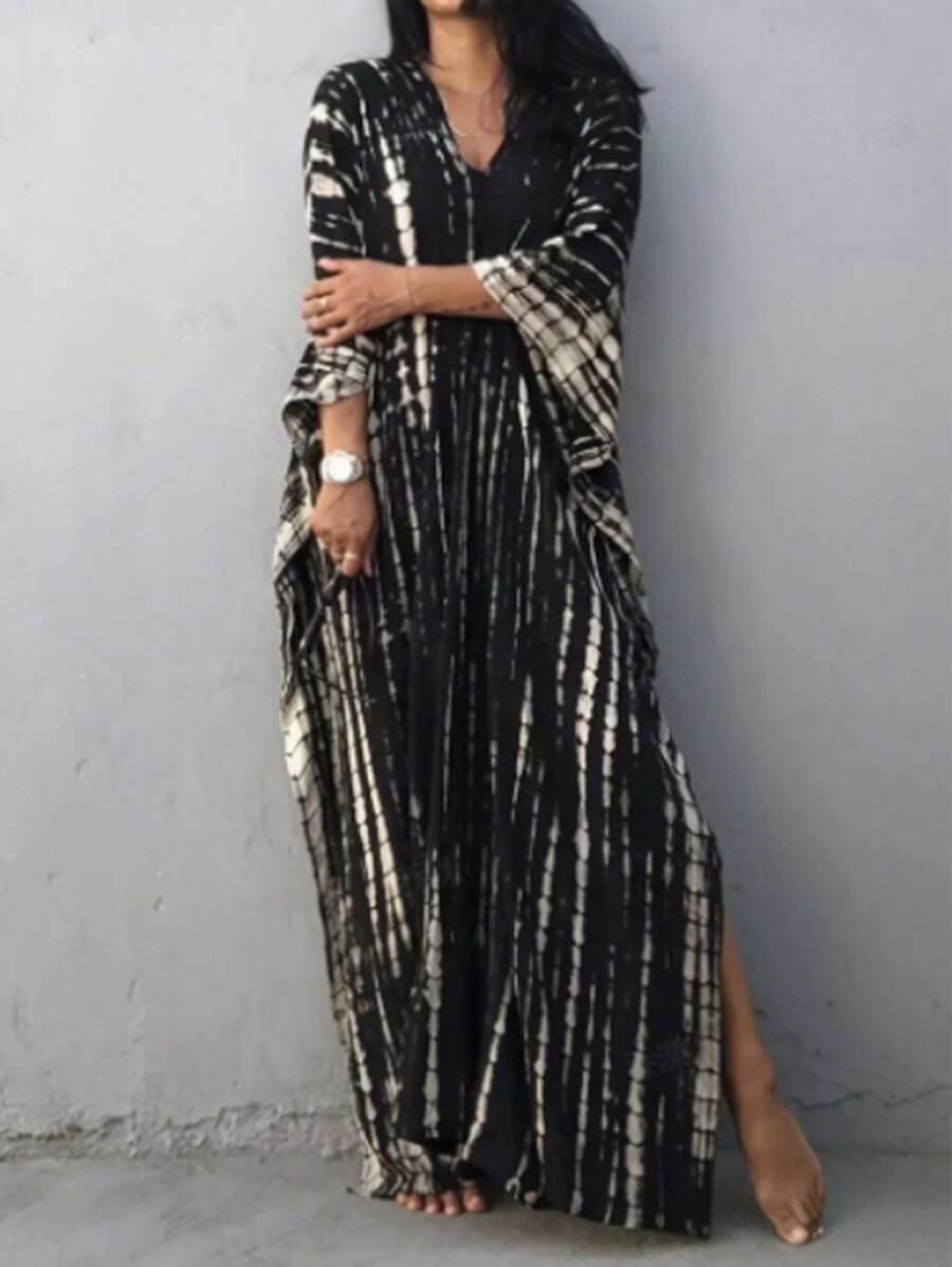 SHEIN Clasi 女士条纹蝙蝠袖 V 领开衩长衬衫罩衫连衣裙长款女装 - 黑色 - 查看 1