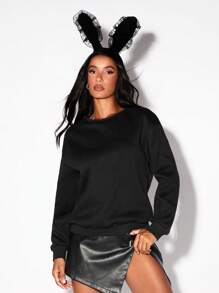 Zolique 蝴蝶装饰保暖内衬圆领印花休闲女式运动衫 - 黑色 - 查看 2