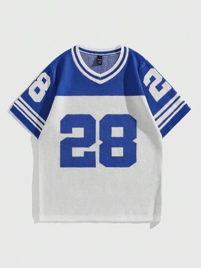 ROMWE Avant Men's V-Neck Long Sleeve Number Pattern Color Block Simple Knit Sweater, Casual Daily Wear , Baseball Jerseys