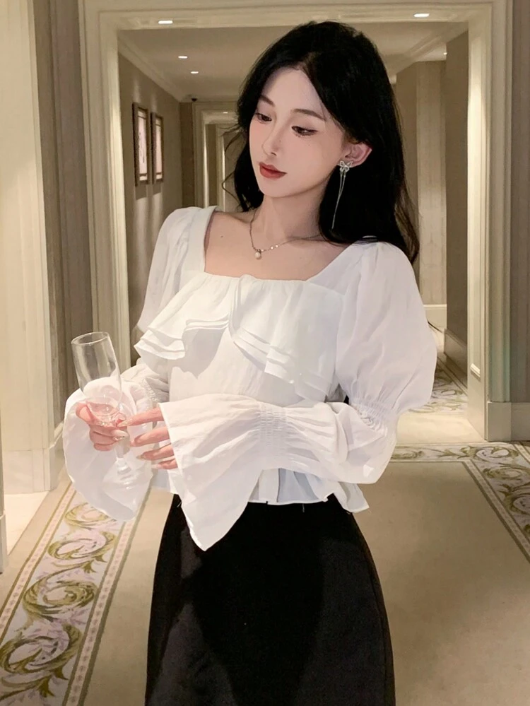 Plain Square Neck Ruffle Hem Ladies Blouse, Back To School Season,Fall Clothes Long Sleeve Top
