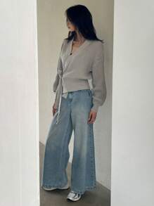 DAZY Women V-Neck Tie Front Solid Color Long Sleeve Cardigan - Grey - View 3