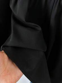 SHEIN LUNE 大码女式条纹圆领灯笼袖休闲衬衫，春夏荷叶边上衣 - 黑色 - 查看 4