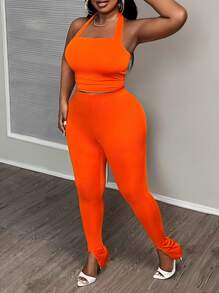 Slaydiva Plus Size Women's Halter Neck Sleeveless Top And Tight Pants Two Piece Set - Orange - View 3